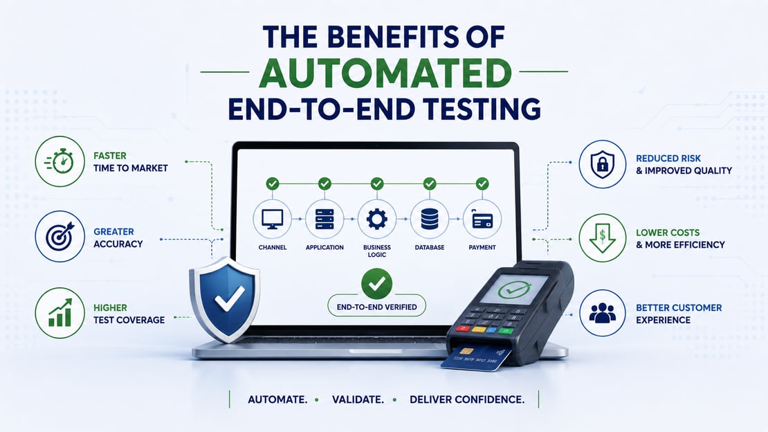 Illustration of automated end-to-end payment testing across applications, databases, and payment systems, highlighting improved speed, accuracy, test coverage, efficiency, and reliability.