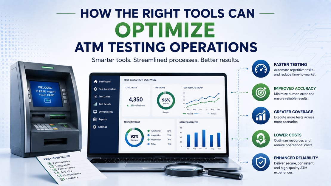 Illustration of an ATM and automated testing dashboard, highlighting how modern testing tools can improve speed, accuracy, coverage, reliability, and efficiency in ATM testing operations.