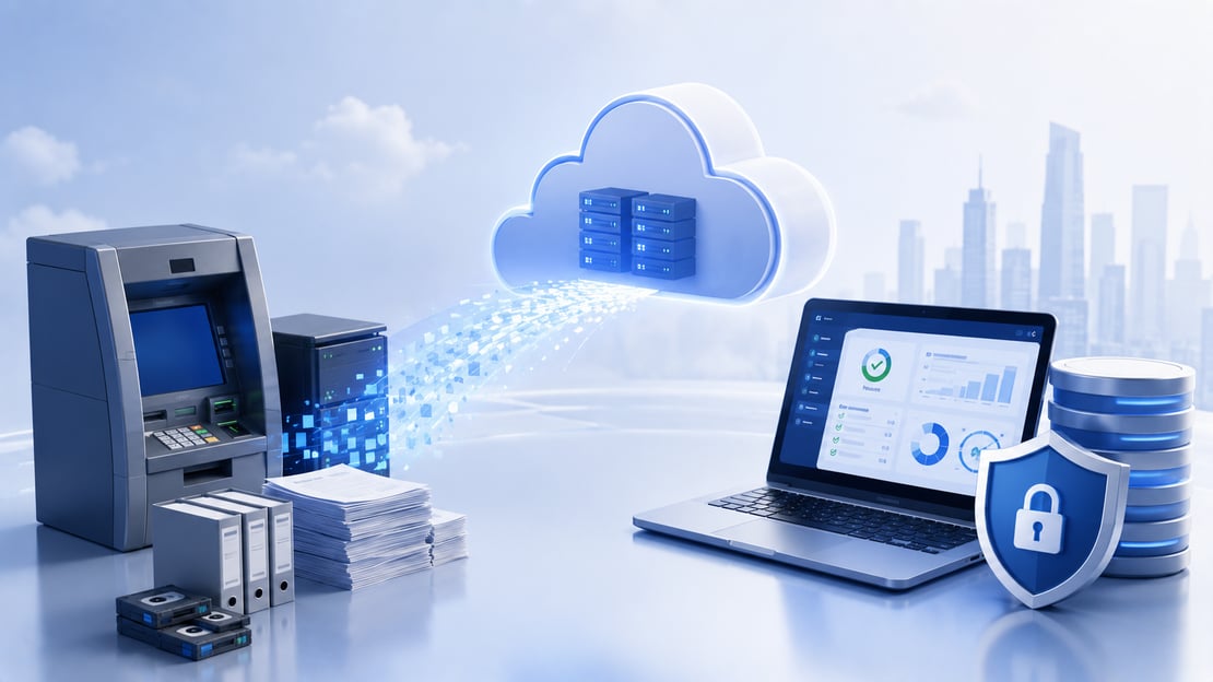 Illustration of ATM testing assets and data migrating from legacy systems to secure cloud infrastructure, representing the transition to modern cloud-based ATM testing.