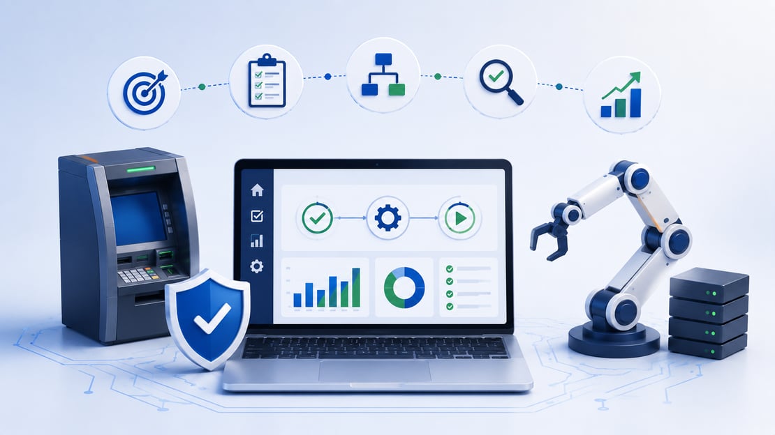 Illustration of automated payment testing with a testing dashboard, payment terminal, workflow icons, security shield, and automation technology, representing best practices for implementing payment testing automation.