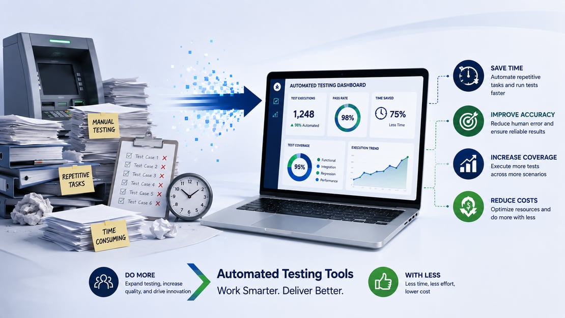 Illustration comparing manual and automated payment testing, showing how automation can save time, improve accuracy, increase test coverage, and reduce costs.