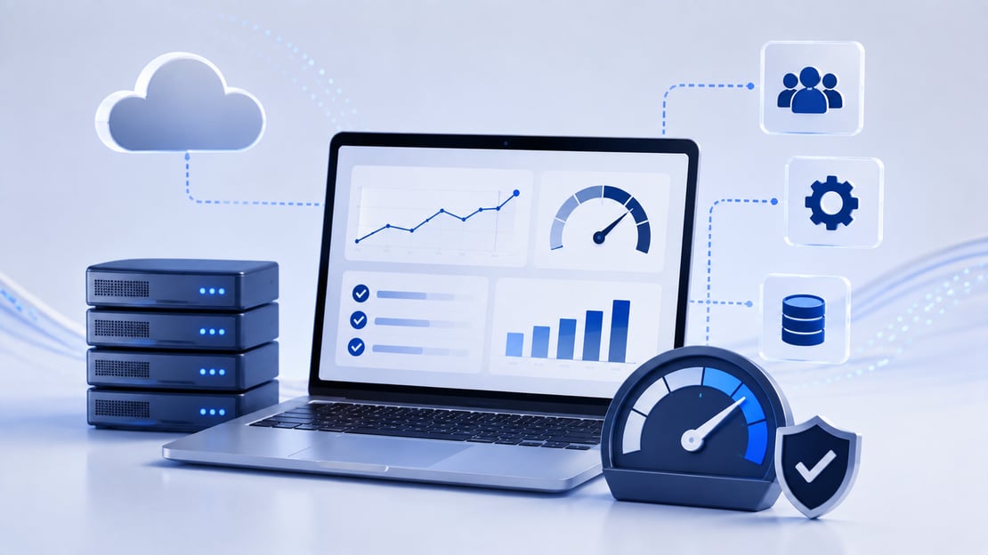 Illustration of integrated performance testing with a monitoring dashboard, servers, cloud infrastructure, and performance metrics, representing reliable and efficient payment system testing.