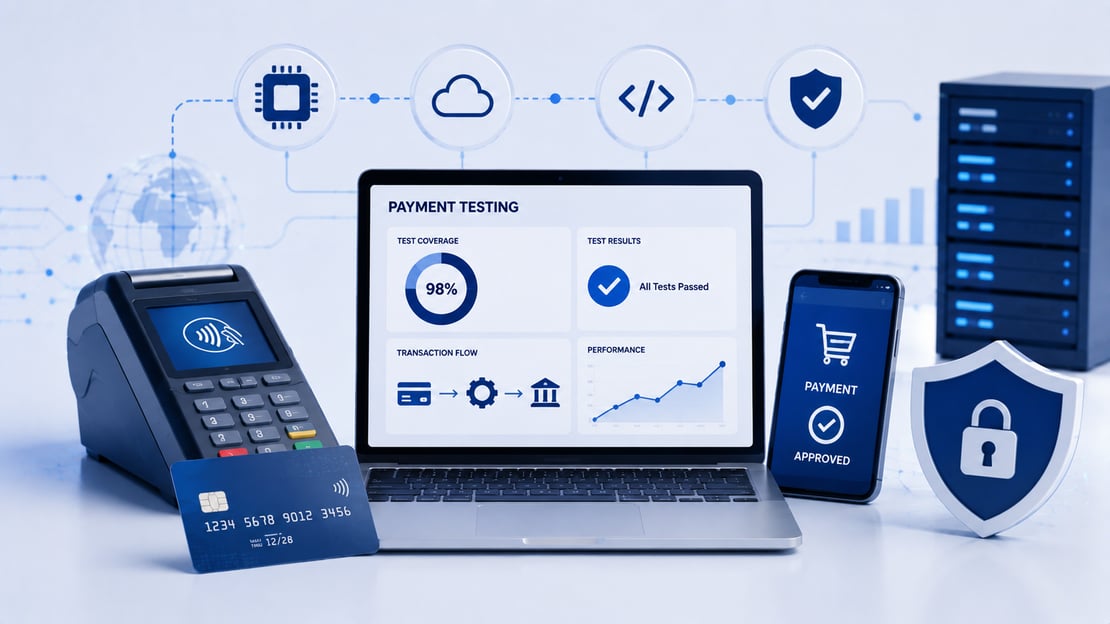 Illustration of modern payment testing technology with a testing dashboard, payment terminal, card, mobile payment, cloud infrastructure, and security tools.