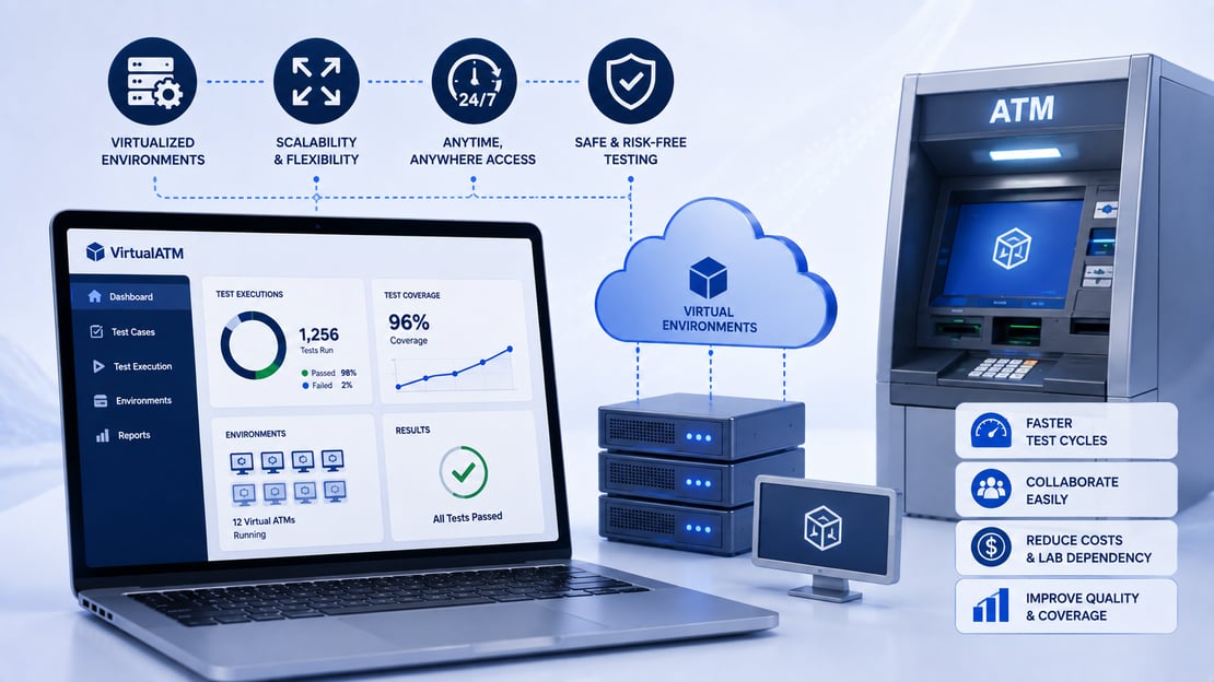 Illustration of virtualized ATM testing with a testing dashboard, cloud environments, servers, and an ATM, representing faster, scalable, and more efficient ATM testing.