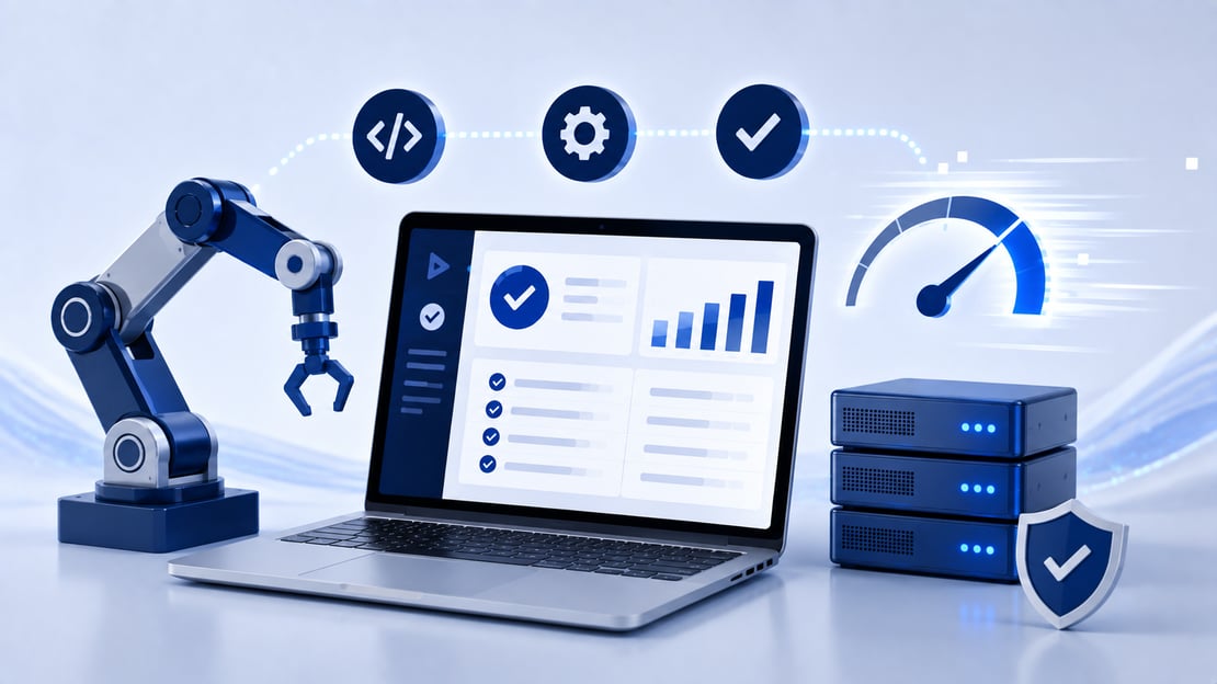 Illustration of automated testing software with a testing dashboard, automation tools, servers, and performance indicators, representing improved efficiency, speed, and reliability.
