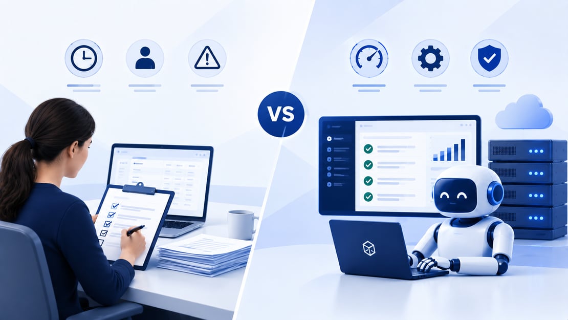 Illustration comparing manual and automated testing, with a manual testing workflow on one side and automated testing tools, dashboards, and servers on the other.