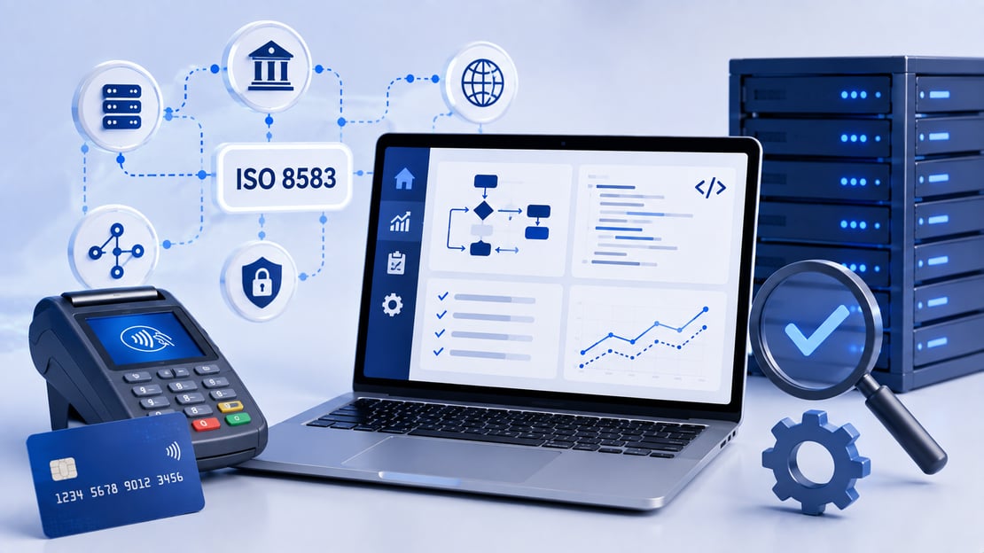 Illustration of ISO 8583 payment messaging with connected systems, a payment terminal, testing dashboard, servers, and automation tools, representing automated testing of complex payment transactions.