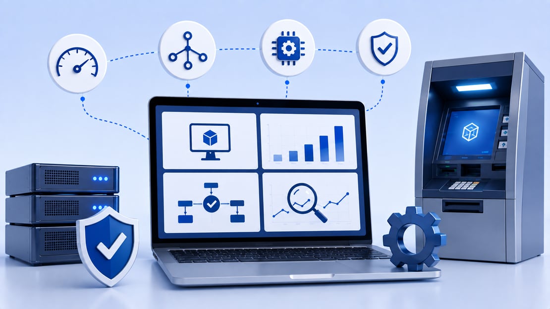 Illustration of ATM testing software with a testing dashboard, ATM, servers, automation, performance monitoring, and security features.
