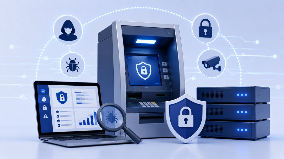 Illustration of ATM security testing with an ATM, security dashboard, servers, vulnerability detection, and cybersecurity protection.