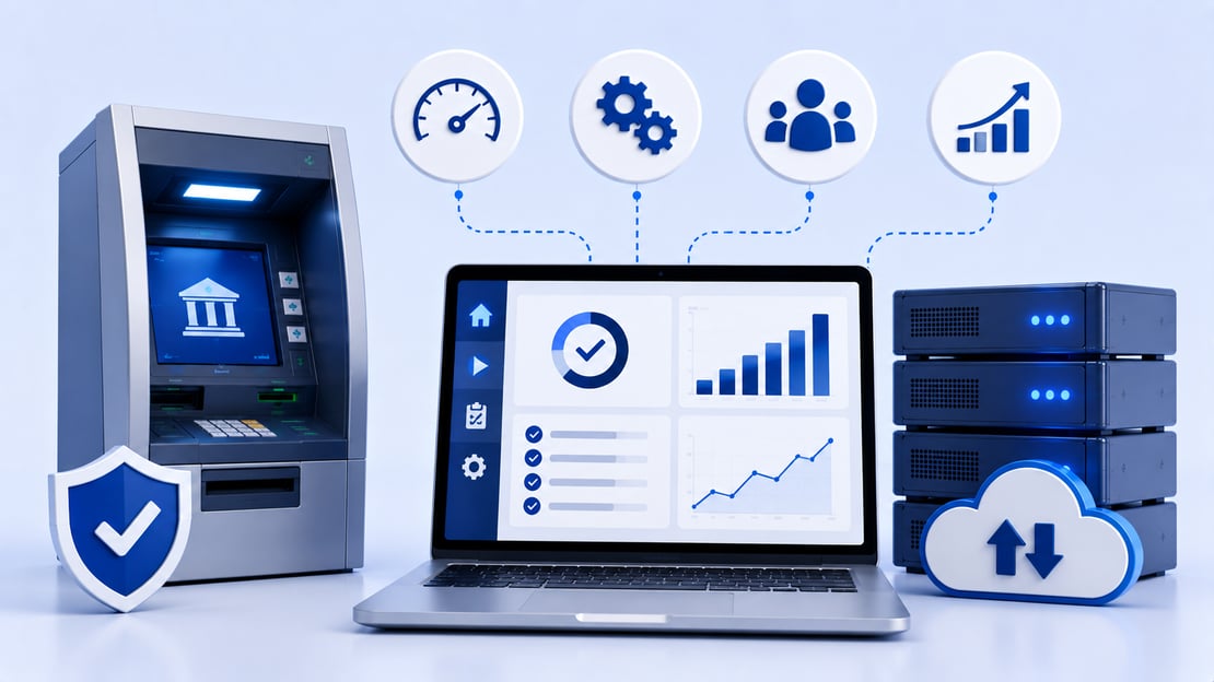 Illustration of ATM testing software with an ATM, testing dashboard, servers, cloud technology, and automation icons representing a faster and more efficient testing process.
