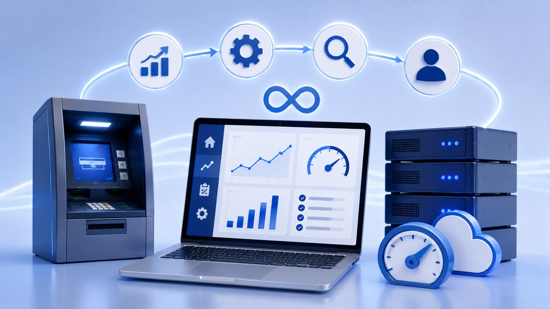 Illustration of continuous performance testing with a monitoring dashboard, ATM, servers, cloud infrastructure, and performance metrics, representing reliable systems and improved customer experience.