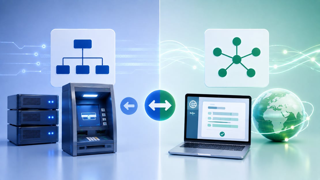 Illustration comparing ISO 8583 and ISO 20022 payment messaging, showing legacy payment infrastructure alongside a modern, connected global payments network.
