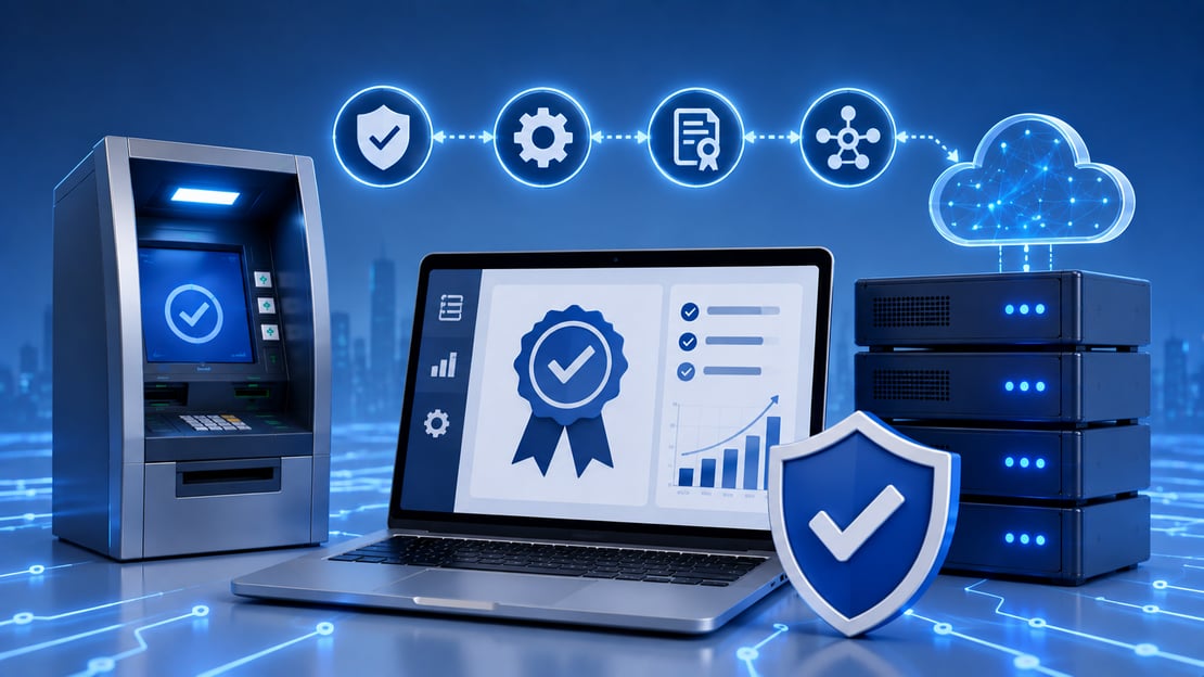 Illustration of modern payment certification with a testing dashboard, payment terminal, servers, cloud technology, security, and automated validation.