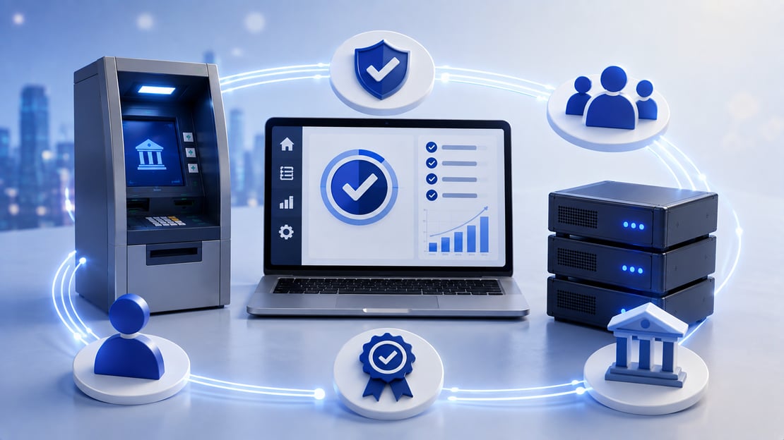 Illustration of payment certification connecting financial institutions, members, testing systems, and secure payment infrastructure through a collaborative certification process.