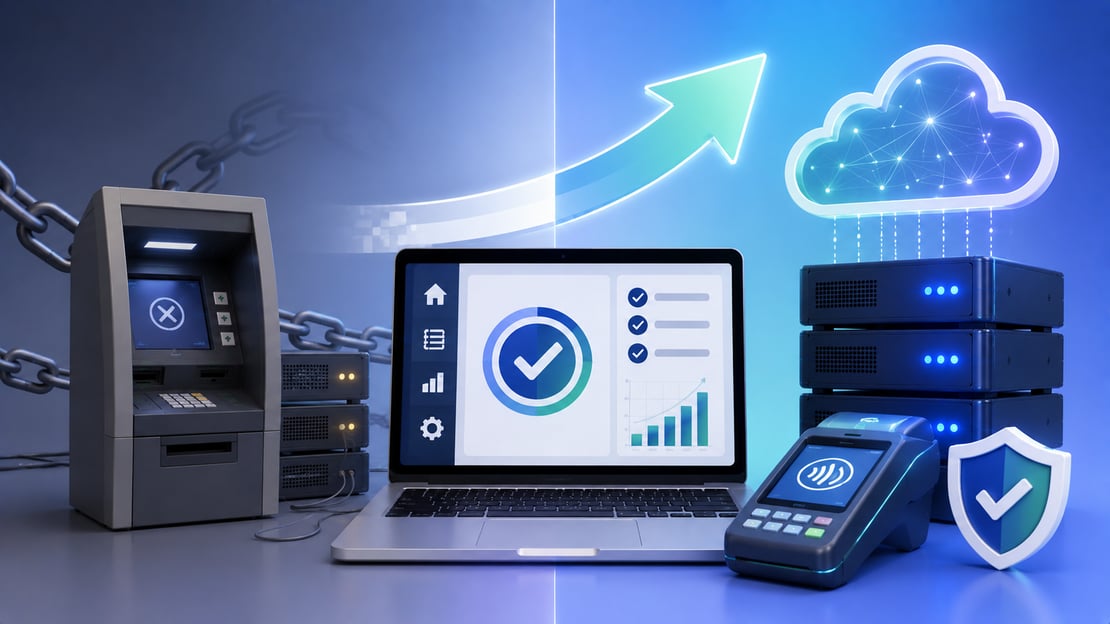 Illustration of payment certification modernization, showing legacy payment infrastructure transitioning to automated testing, cloud technology, and secure modern payment systems.