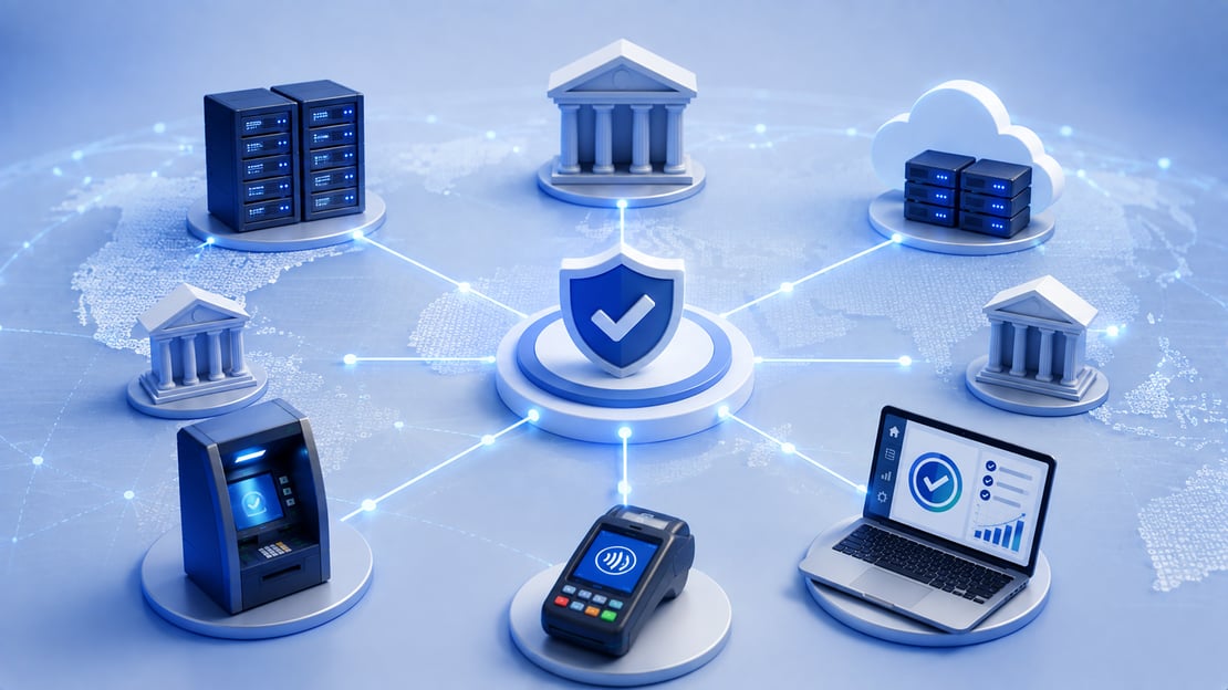 Illustration of a global payment certification network connecting financial institutions, ATMs, payment terminals, testing systems, servers, and cloud infrastructure.