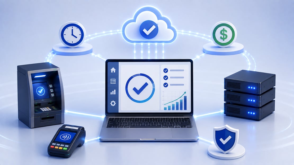 Illustration of online payment certification connecting testing systems, ATMs, payment terminals, cloud infrastructure, and servers to help save time and reduce costs.