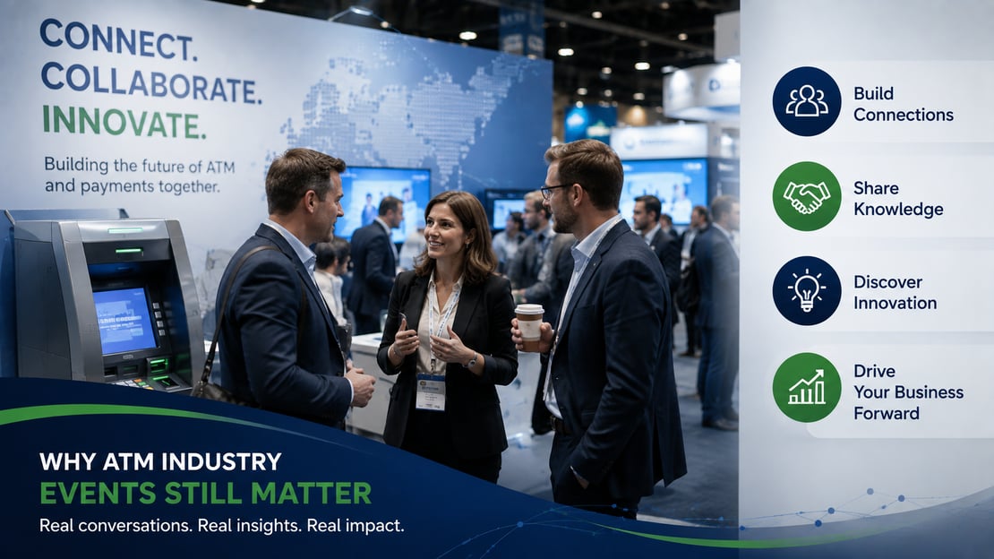 Illustration of ATM and payments industry professionals networking at a trade show, highlighting collaboration, knowledge sharing, innovation, and business connections.