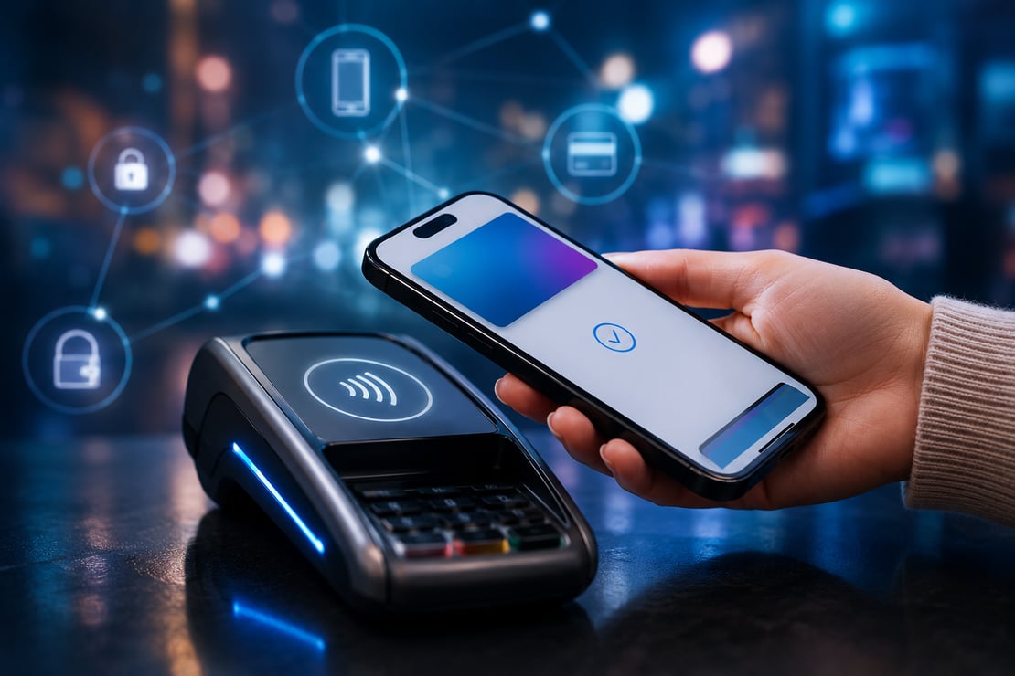 A customer holds a smartphone displaying a digital wallet above a contactless payment terminal to complete an NFC transaction. Subtle digital network and security icons appear in the background against a blurred cityscape, illustrating modern mobile payments, digital wallets, and secure contactless payment technology.