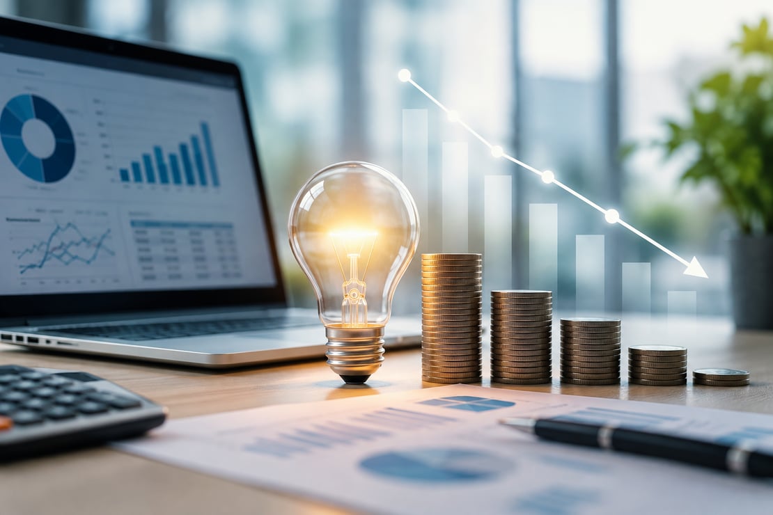 A modern office workspace featuring a laptop displaying business analytics, stacks of coins arranged in descending height, a glowing light bulb symbolizing innovation, and a downward trend line representing cost reduction. Financial reports, a calculator, and a pen on the desk reinforce the concept of strategic cost optimization, efficiency, and smarter business decision-making.