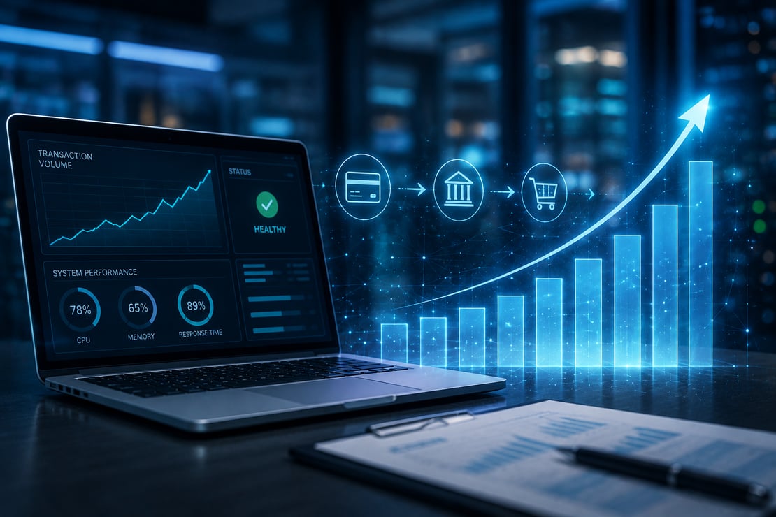 A laptop displays real-time payment transaction analytics, system health indicators, and performance metrics in a modern server room environment. A glowing bar chart and upward trend arrow represent increasing transaction volumes, while digital payment icons illustrate the flow of transactions through the payment ecosystem, symbolizing payment stress testing, scalability, and high-performance payment infrastructure.