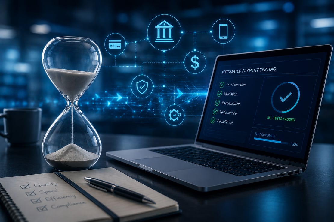 A glass hourglass sits beside a laptop displaying an automated payment testing dashboard with completed test execution, validation, performance, and compliance checks. Digital icons representing banking, payments, mobile devices, security, and automation connect across the background, illustrating how automated payment testing helps financial institutions save time, improve efficiency, and ensure reliable payment system performance.
