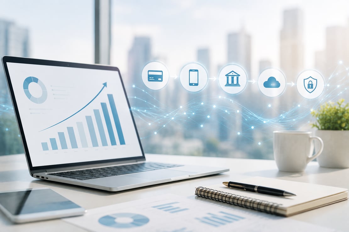 A bright, modern workspace features a laptop displaying business analytics with an upward trend chart, surrounded by a notebook, pen, coffee mug, tablet, and printed reports. Floating digital icons representing payment cards, mobile banking, financial institutions, cloud technology, and cybersecurity illustrate a connected payments ecosystem, symbolizing digital transformation, payment modernization, and strategic innovation in financial services.