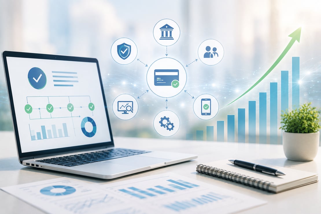 A bright, modern office workspace features a laptop displaying payment analytics and testing dashboards, surrounded by financial reports, a notebook, and a pen. A central network of connected icons links payment cards, banking, security, mobile devices, analytics, and automation, while an upward growth chart symbolizes how comprehensive end-to-end payment testing supports business growth, operational efficiency, and reliable payment performance.