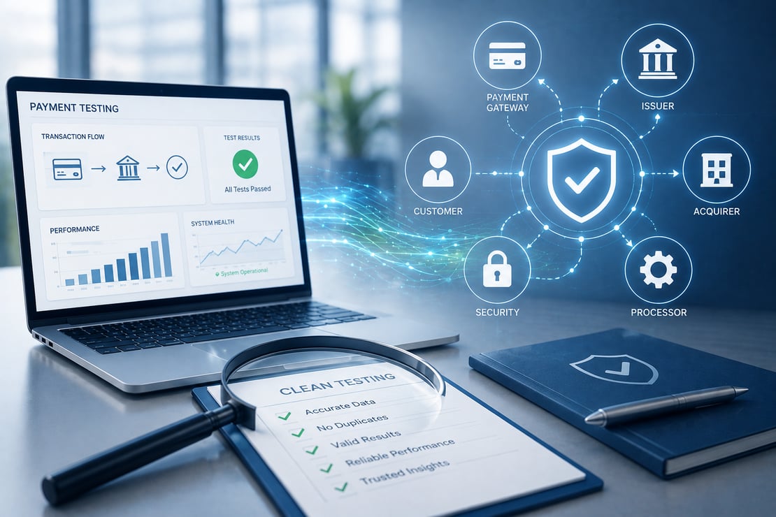 A modern fintech workspace features a laptop displaying payment testing analytics beside a checklist viewed through a magnifying glass, symbolizing data validation and quality assurance. Connected digital icons representing payment gateways, issuers, acquirers, processors, security, and customers surround a central security shield, illustrating clean payment testing, transaction integrity, and reliable end-to-end payment processing.
