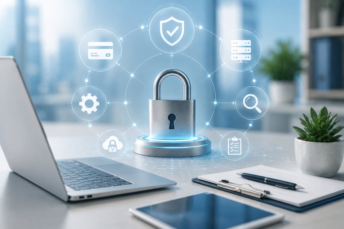 A bright, modern office workspace features a laptop, tablet, clipboard, and digital security platform centered around a metallic padlock. Floating icons representing payment cards, secure servers, cloud protection, compliance checklists, cybersecurity, and system monitoring surround the lock, illustrating PCI DSS compliance, payment security, data protection, and secure payment infrastructure.