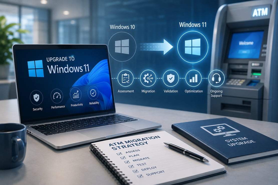 A modern ATM stands beside a laptop in a bright technology workspace, connected by a glowing digital migration pathway that represents a system upgrade. Floating icons for security, performance, long-term support, and platform modernization surround the devices, illustrating a strategic Windows 11 migration for ATM infrastructure, improved reliability, and future-ready self-service banking technology.