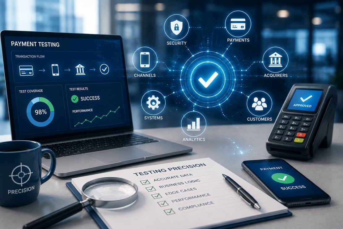 A bright, modern fintech workspace features a laptop displaying payment analytics beside a payment terminal, smartphone, magnifying glass, and checklist on a desk. A glowing central verification symbol connects digital icons representing payment cards, financial institutions, security, customer channels, business systems, and analytics, illustrating precision in digital payment testing, transaction accuracy, reliability, and end-to-end payment quality assurance.