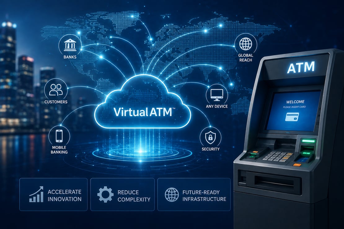 A modern ATM is connected to a glowing cloud-based virtual ATM platform through a digital global network displayed over a world map. Bright blue connection lines link banking infrastructure across continents, while icons representing security, scalability, flexibility, operational efficiency, customer experience, and cloud technology illustrate how ATM virtualization enables centralized management, global deployment, and modern self-service banking innovation.