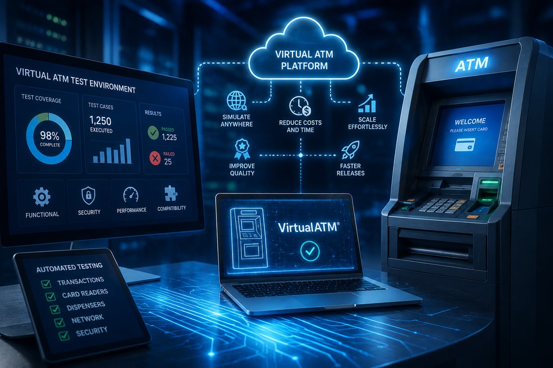 A modern ATM is displayed alongside a laptop running a virtual ATM testing environment, connected by glowing digital network lines in a bright technology workspace. Floating icons representing cloud computing, automation, software testing, financial services, security, and global connectivity illustrate how virtual ATM technology enables faster, more efficient ATM testing, development, and innovation without requiring physical hardware.