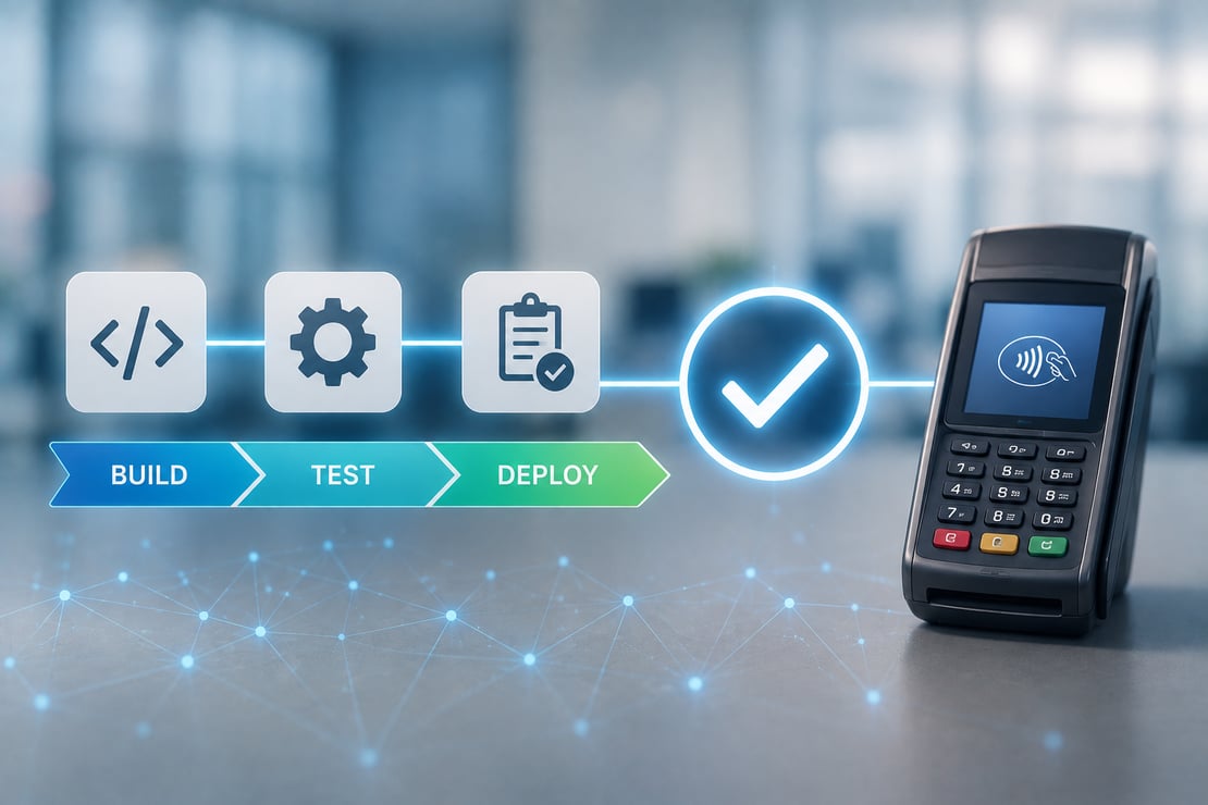 A modern payment terminal stands beside a simplified continuous integration and continuous delivery (CI/CD) workflow represented by connected icons for software development, automation, testing, deployment, and successful validation. Glowing digital connections link each stage of the pipeline, illustrating automated payment testing, faster software releases, continuous quality assurance, and reliable payment system deployment.