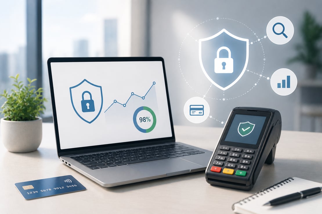 A laptop displaying payment security analytics sits beside a payment terminal and bank card in a bright, modern office, with subtle shield and security icons in the background, representing payment card fraud prevention, secure transactions, and end-to-end payment testing.