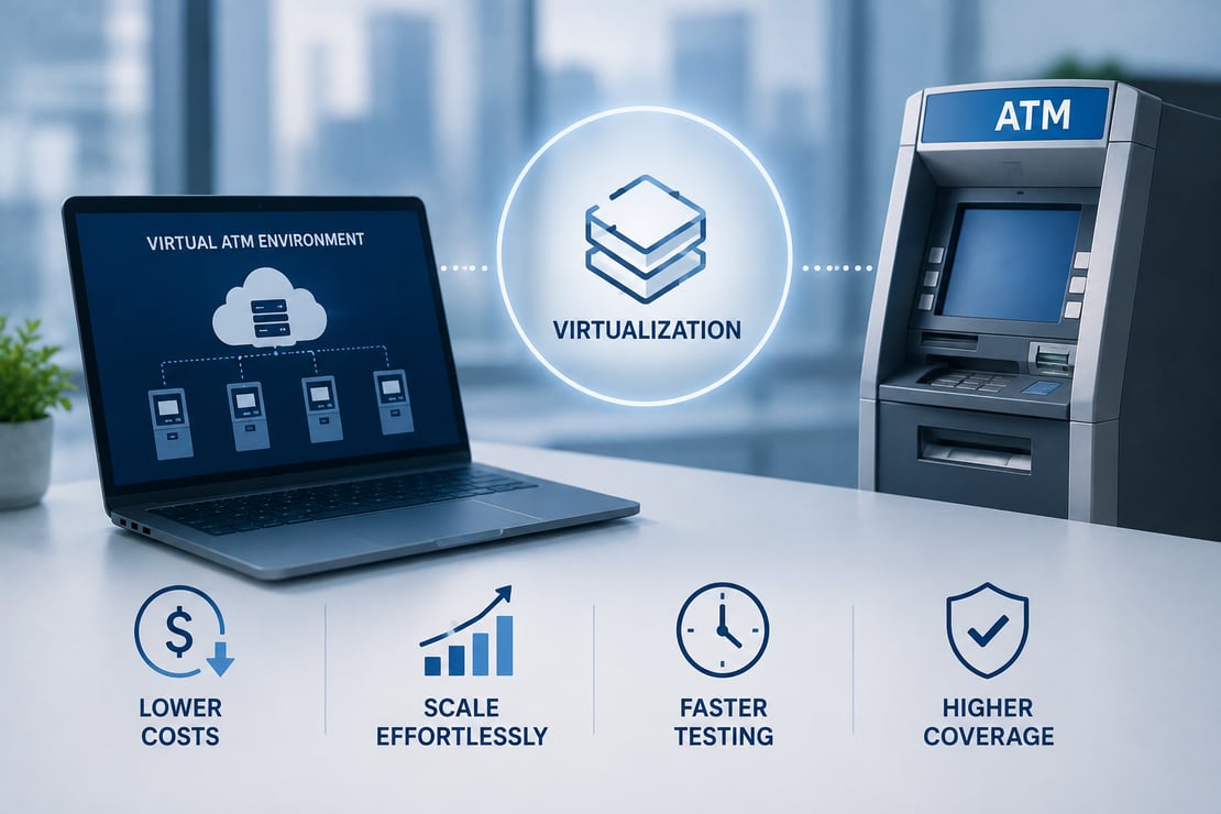 A laptop displaying a virtual ATM testing environment is connected to a physical ATM through a virtualization interface, illustrating scalable ATM testing, reduced testing costs, faster deployment, and improved testing coverage.