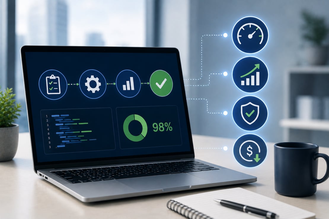 A laptop displaying an automated software testing dashboard with workflow, code, and analytics is surrounded by speed, security, quality, and efficiency icons in a modern office, representing test automation, faster software delivery, and improved testing performance.