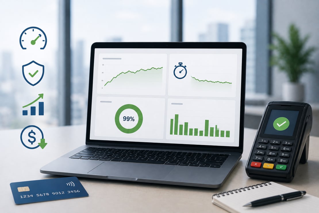 A laptop displaying payment performance analytics sits beside a payment terminal, bank card, and notebook in a modern office, with subtle icons representing speed, reliability, scalability, and cost efficiency, illustrating the benefits of automated performance testing for payment systems.