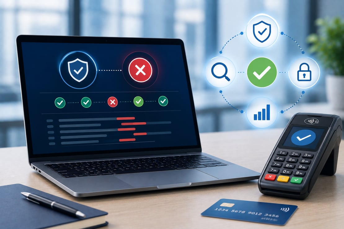 A laptop displaying a payment system validation dashboard sits beside a payment terminal and bank card in a modern office, with subtle security, validation, and analytics icons illustrating negative testing, system resilience, secure transaction processing, and payment software reliability.