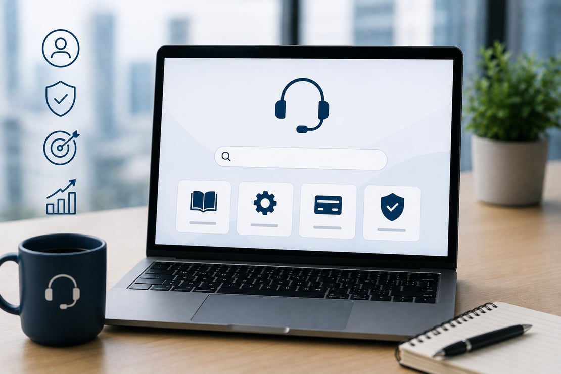 A modern laptop displays a clean self-service support portal with a search interface and support icons, surrounded by symbols representing user experience, reliability, accuracy, and continuous improvement in a bright office workspace, illustrating the importance of thorough testing for effective self-help systems.