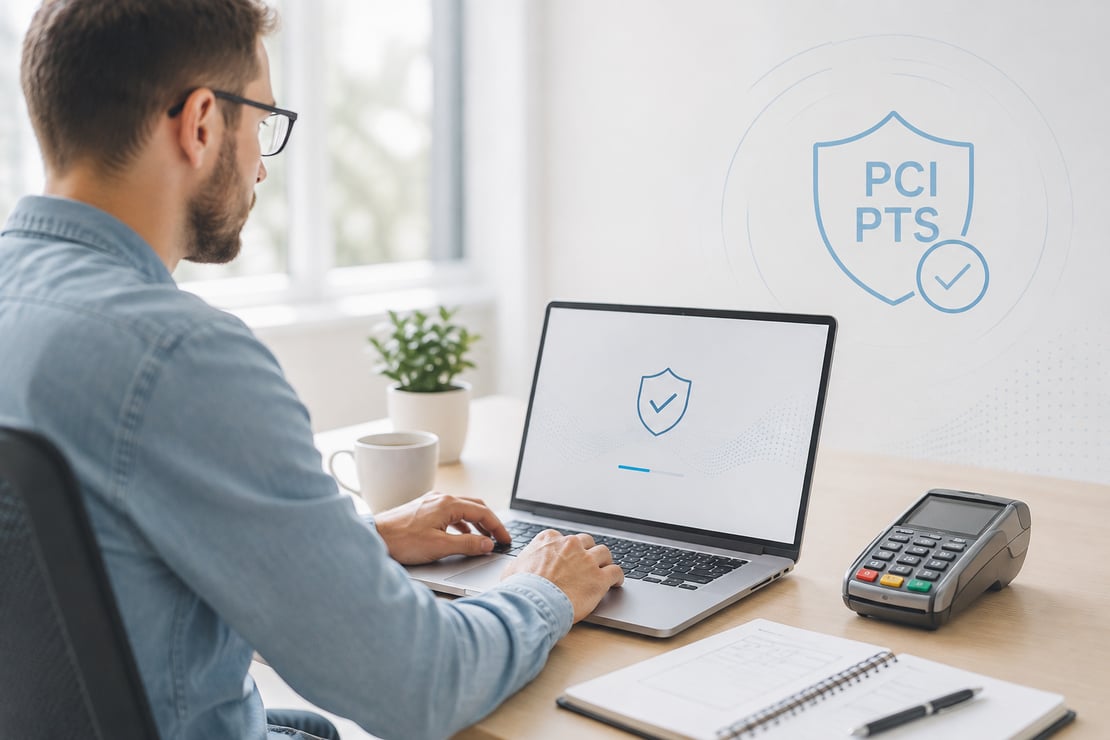 A professional working at a laptop in a bright, modern office, with subtle PCI PTS security graphics on the screen and wall alongside a payment terminal, representing secure payment terminal certification, compliance, and POS software development.