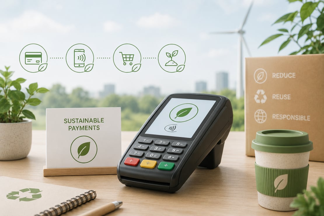 A modern payment terminal surrounded by plants, a reusable coffee cup, and subtle eco-themed graphics, with wind turbines in the background, symbolizing sustainability, environmentally responsible payment technology, and greener payment ecosystems.