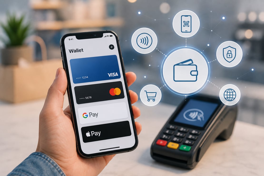 A smartphone displaying a digital wallet app is held next to a contactless payment terminal, with subtle connectivity and security icons in the background, representing the growing adoption of mobile wallets, contactless payments, and digital payment technology.
