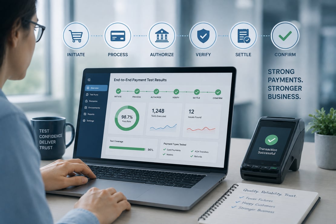 A laptop displaying an end-to-end payment testing workflow sits beside a payment terminal showing an approved transaction in a bright, modern office, illustrating comprehensive payment testing, transaction validation, and business reliability.