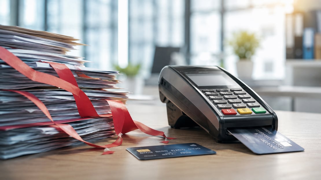 Close-up of a payment card inserted into a POS terminal beside a stack of paperwork wrapped with red tape, symbolizing the shift from manual compliance processes to streamlined Level 3 payment testing in a modern office environment.