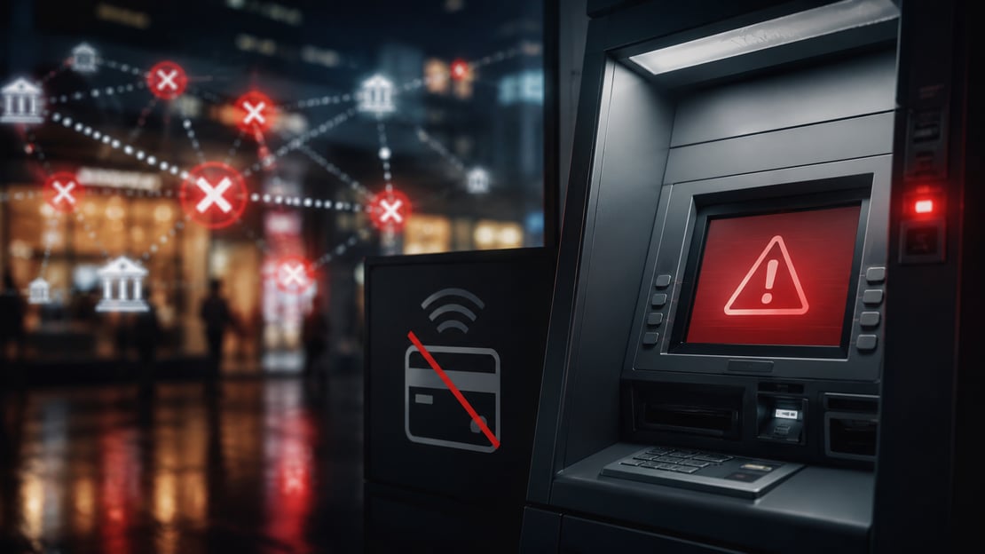 ATM displaying an error warning while digital payment network connections fail in the background, illustrating the importance of resilient, thoroughly tested ATM networks during payment system outages.
