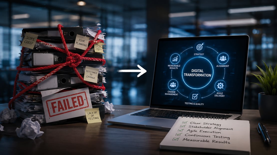 Conceptual illustration showing a failed digital transformation project transitioning into a successful implementation through strategy, testing, agile delivery, and change management, highlighting the importance of planning and quality assurance.