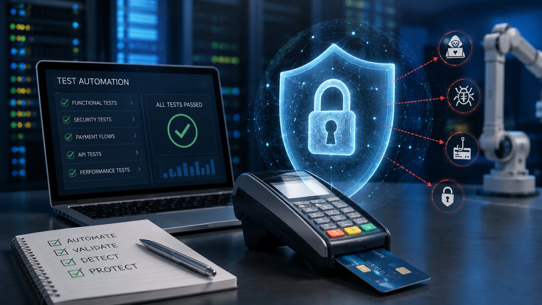 Illustration of an automated payment testing environment with a POS terminal, security shield, and cybersecurity dashboard, representing how test automation helps protect payment systems from cyber threats and vulnerabilities.