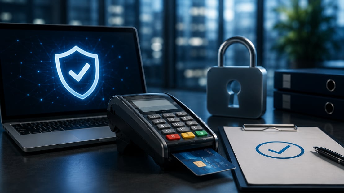 Payment terminal with a chip card beside a laptop displaying a digital security shield, representing secure payment testing and regulatory compliance for financial institutions in 2025.